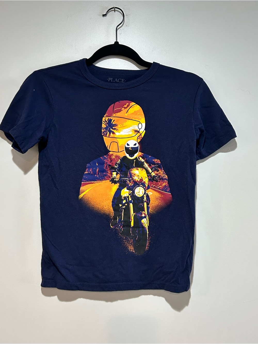 Place Navy Blue Boys Motorcycle Graphic Tee with Yellow & Orange Print